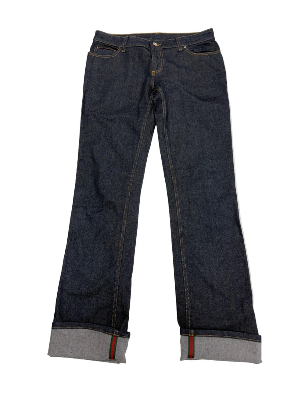Gucci Women's Sz L Jeans in Dark Indigo with Red & Green Stripe Selvedge Hem